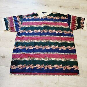 Vtg Mens Sauce by Berne Polo Tropical Floral Striped Short Sleeve Shirt Sz M